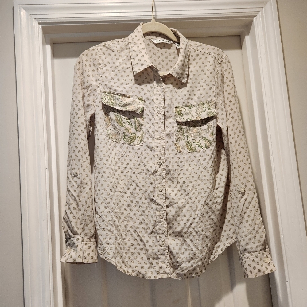 Orvis silk Paisley print mixed pattern button down Womens size Small